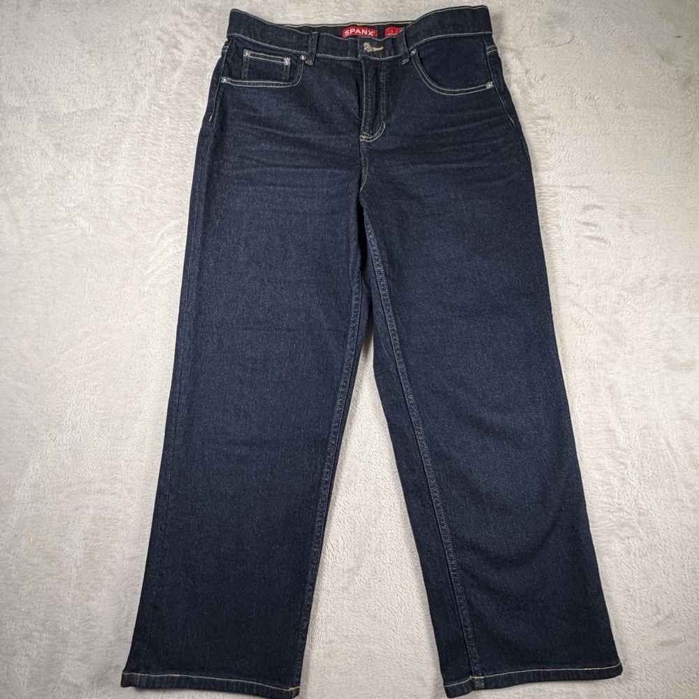 SPANX Petite‎ Jeans Womens Large Dark Wash Straight Leg Pull On Stretch Denim